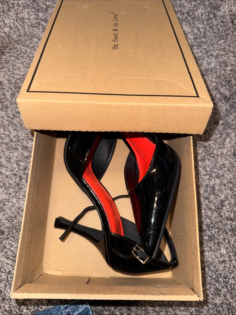 UNIF Black Patent Pointed Slingback Heels with Red Interior